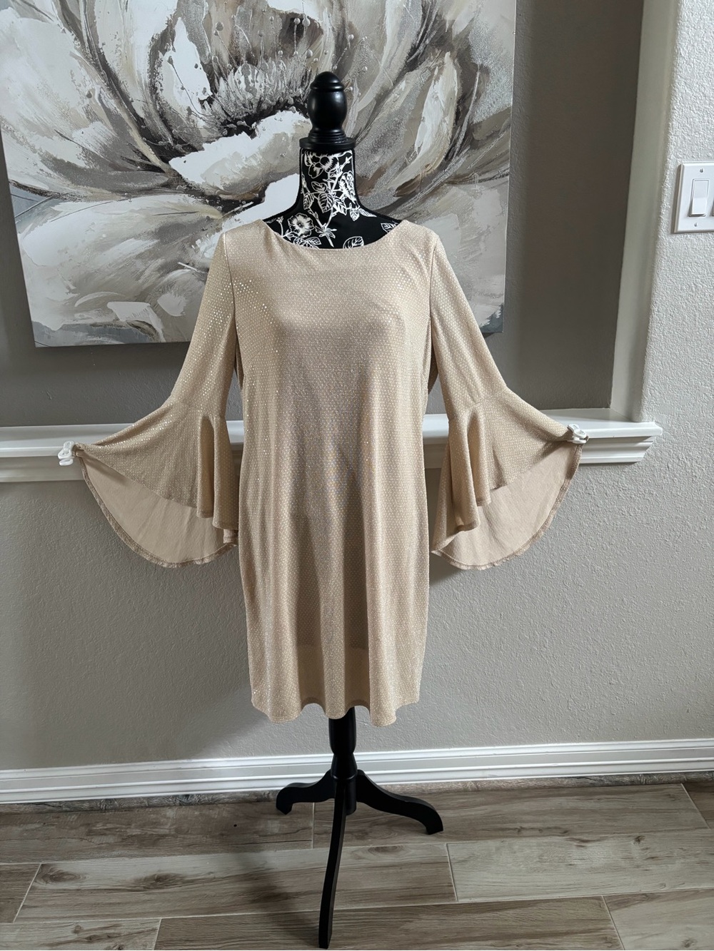 Eliza J Champagne Beaded Bell-Sleeve Shift Dress